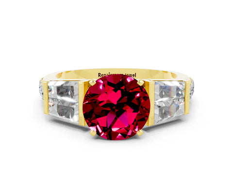 Yellow gold Round Cut Garnet Engagement Ring with Baguette Side Stones and Channel Set Band