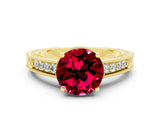 Yellow gold Round Cut Garnet Engagement Ring with Milgrain Channel Set Band and Prong Setting