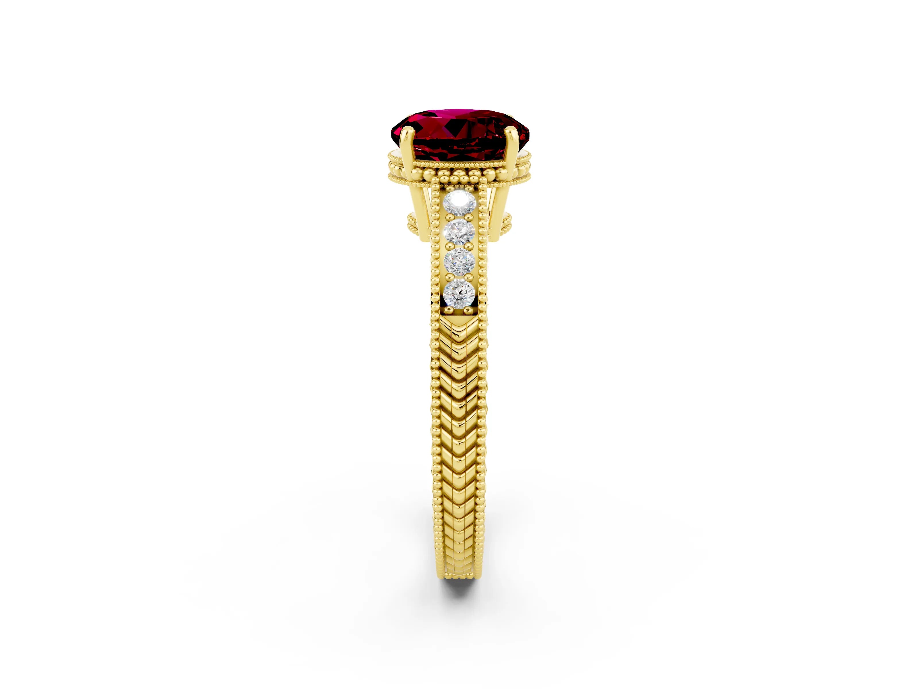 Yellow gold Round Cut Garnet Engagement Ring with Milgrain Channel Set Band and Prong Setting_2