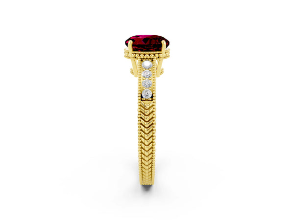 Yellow gold Round Cut Garnet Engagement Ring with Milgrain Channel Set Band and Prong Setting
