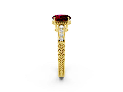 Yellow gold Round Cut Garnet Engagement Ring with Milgrain Channel Set Band and Prong Setting_2