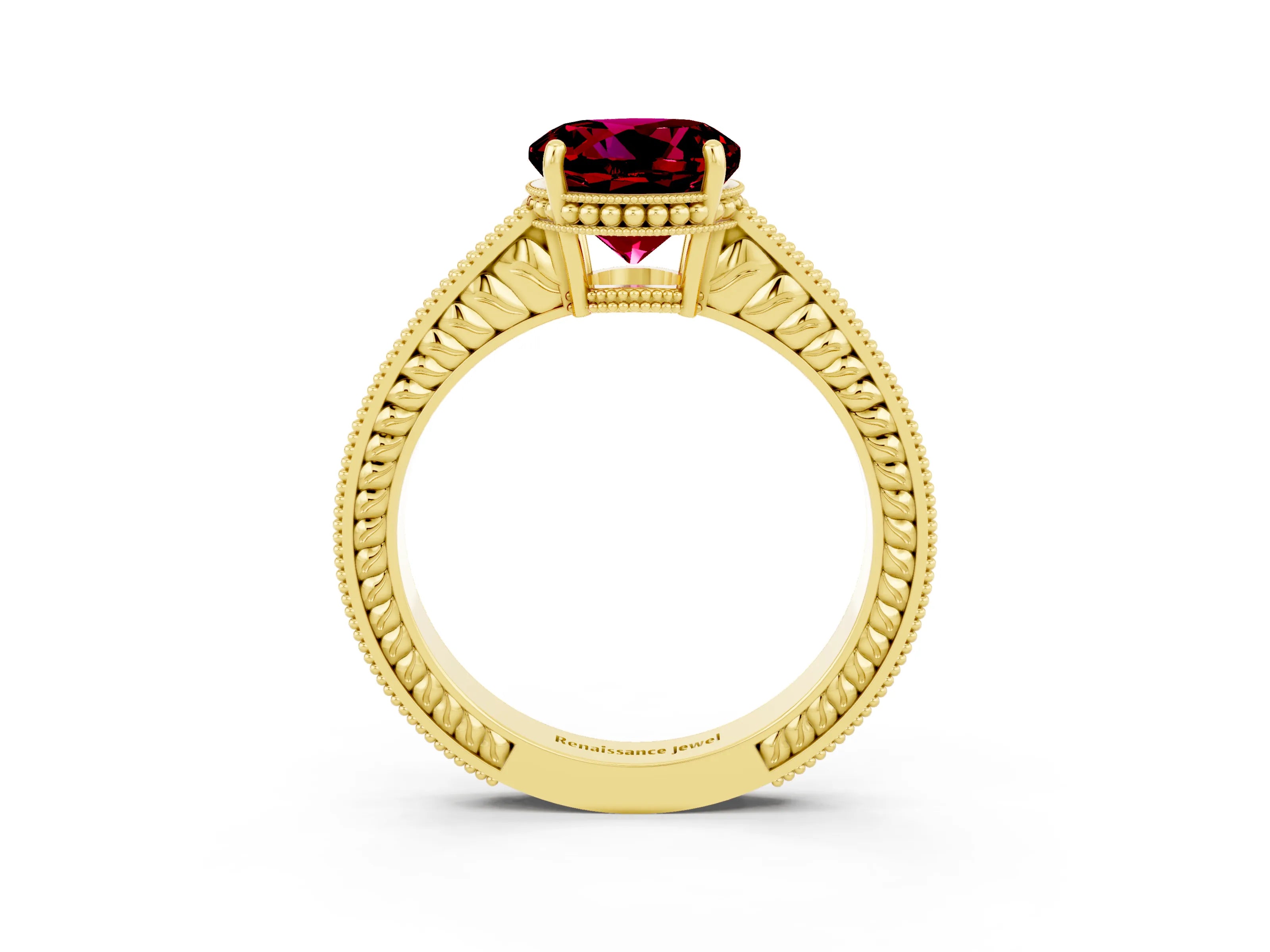 Yellow gold Round Cut Garnet Engagement Ring with Milgrain Channel Set Band and Prong Setting_3