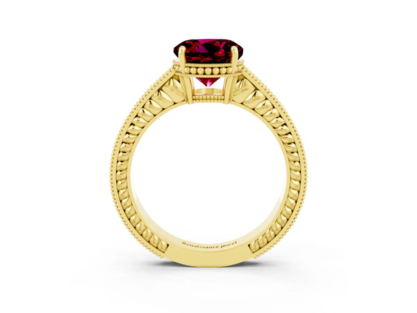 Yellow gold Round Cut Garnet Engagement Ring with Milgrain Channel Set Band and Prong Setting