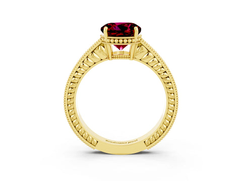 Yellow gold Round Cut Garnet Engagement Ring with Milgrain Channel Set Band and Prong Setting_3