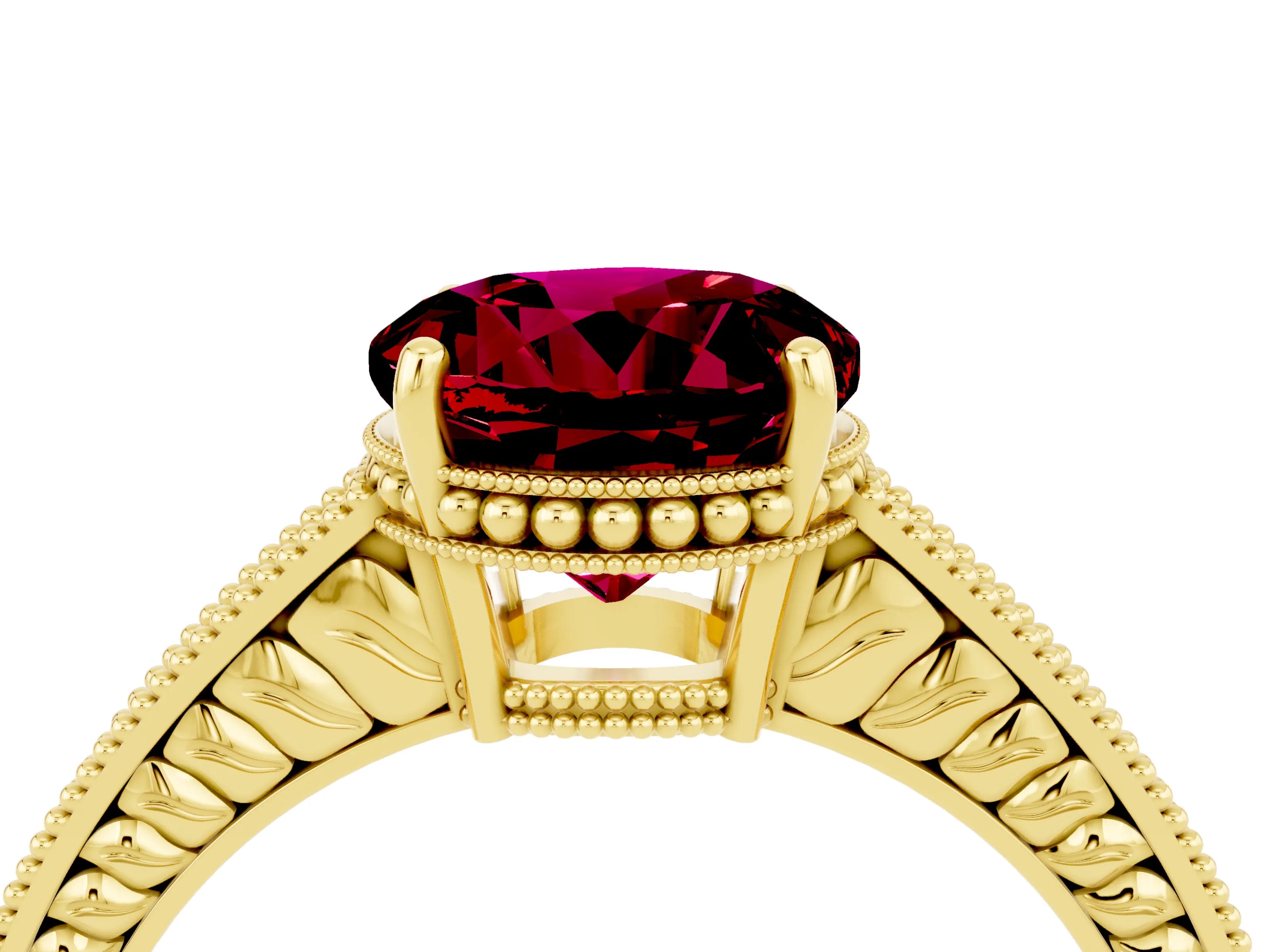 Yellow gold Round Cut Garnet Engagement Ring with Milgrain Channel Set Band and Prong Setting_4