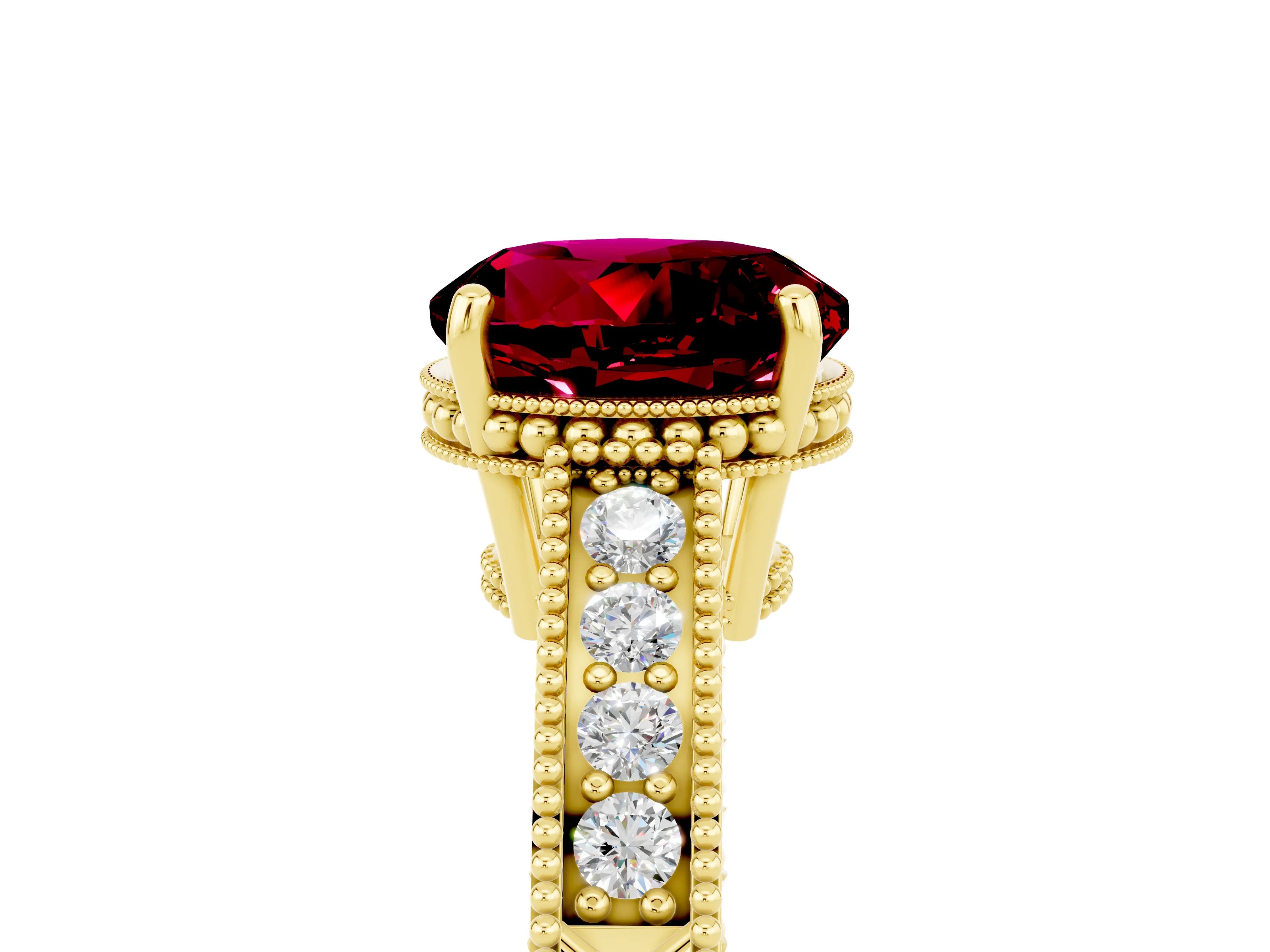 Yellow gold Round Cut Garnet Engagement Ring with Milgrain Channel Set Band and Prong Setting_5