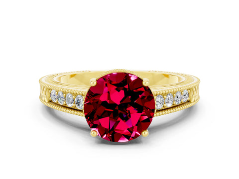 Yellow gold Round Cut Garnet Engagement Ring with Milgrain Channel Set Band and Prong Setting