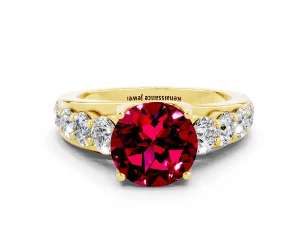 Yellow gold Round Cut Garnet Engagement Ring with Pavé Band and Four-Prong Setting