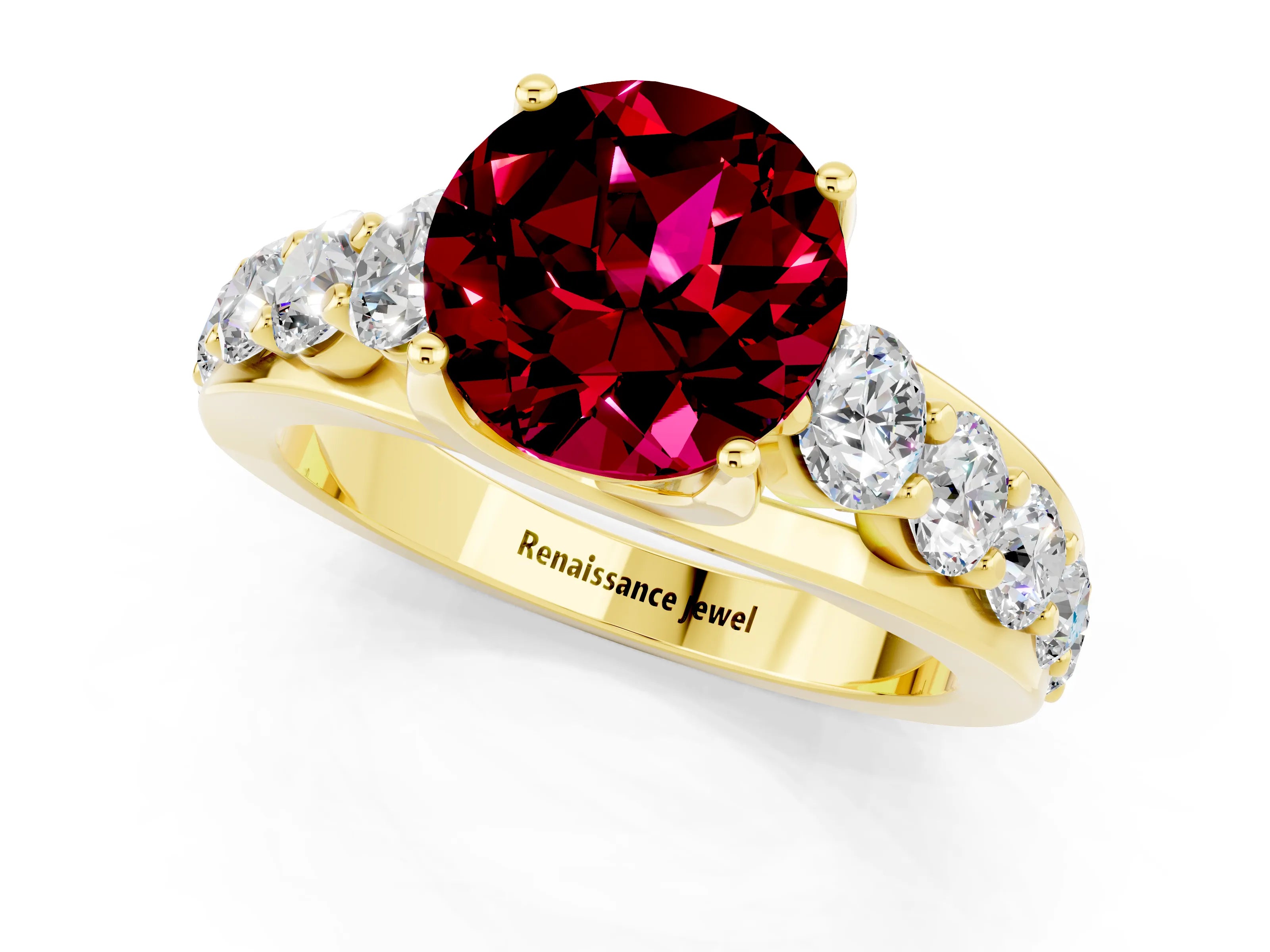 Yellow gold Round Cut Garnet Engagement Ring with Pavé Band and Four-Prong Setting_1