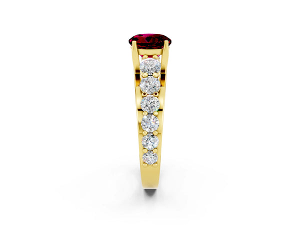 Yellow gold Round Cut Garnet Engagement Ring with Pavé Band and Four-Prong Setting