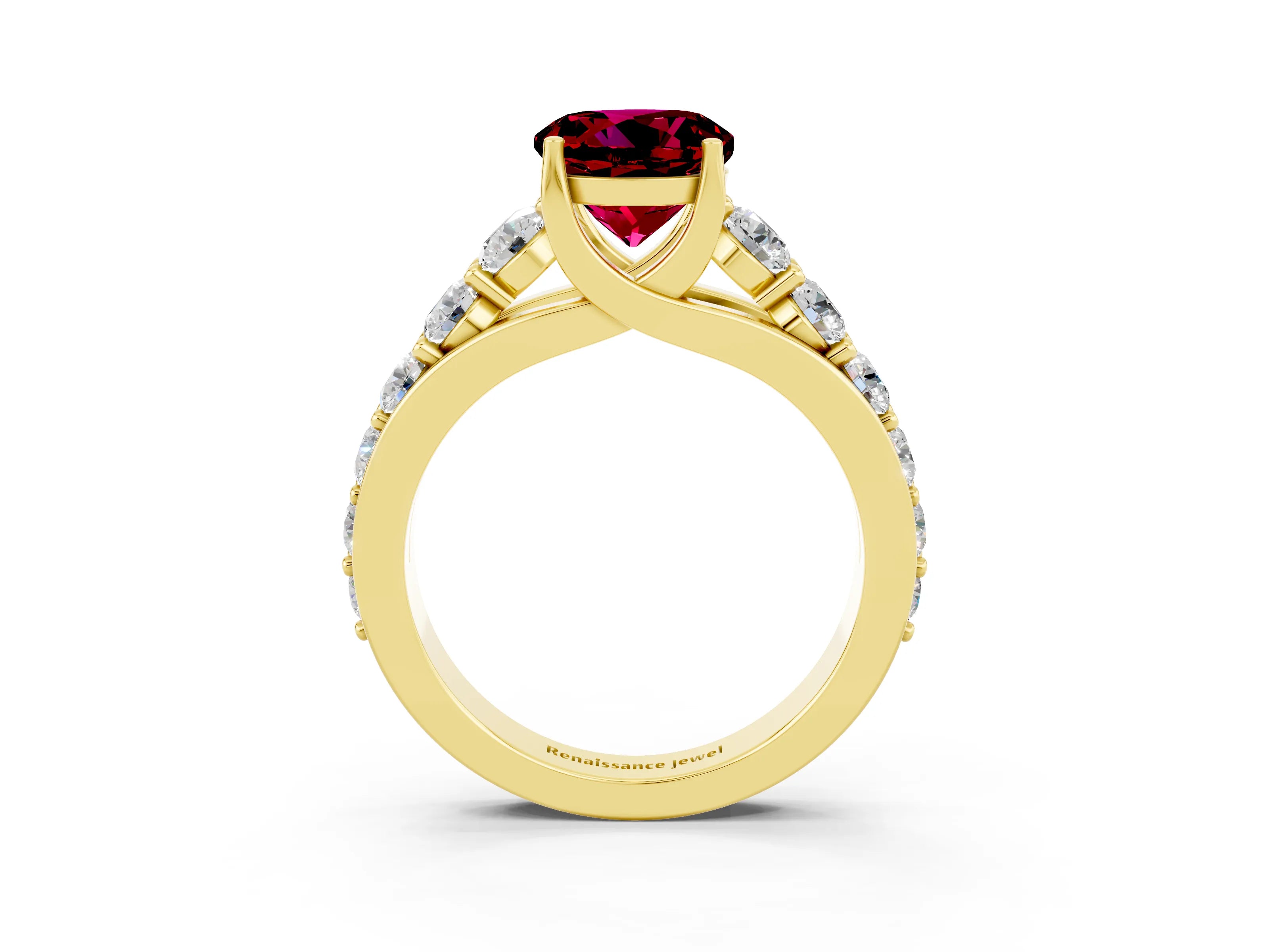 Yellow gold Round Cut Garnet Engagement Ring with Pavé Band and Four-Prong Setting_3