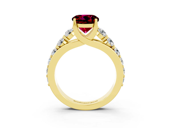Yellow gold Round Cut Garnet Engagement Ring with Pavé Band and Four-Prong Setting