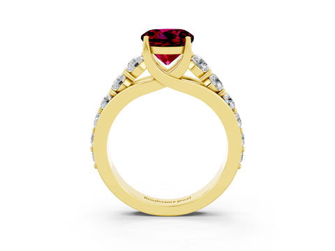 Yellow gold Round Cut Garnet Engagement Ring with Pavé Band and Four-Prong Setting_3