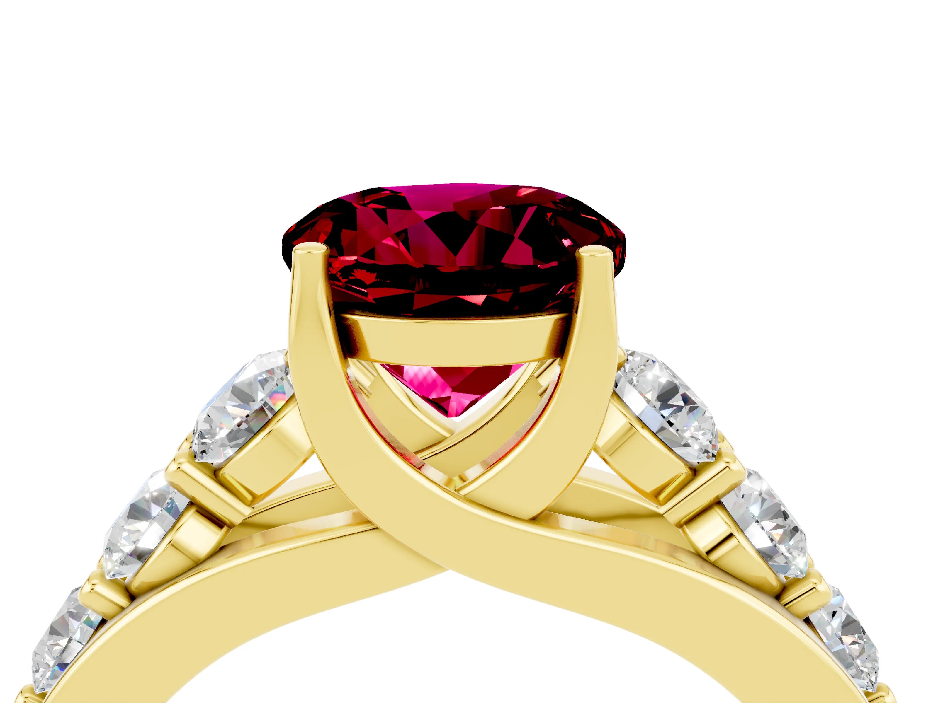 Yellow gold Round Cut Garnet Engagement Ring with Pavé Band and Four-Prong Setting_4