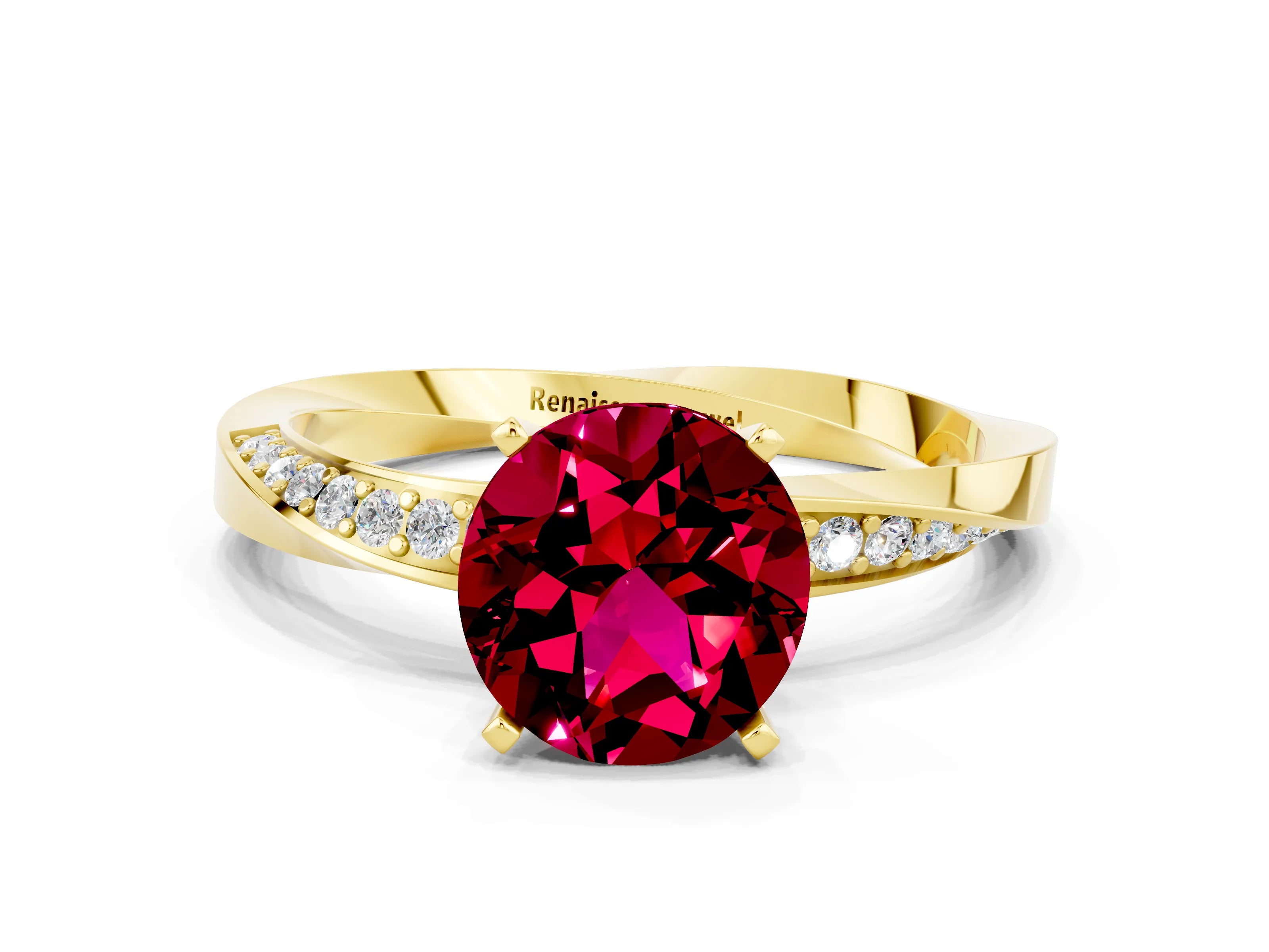Yellow gold Round Cut Garnet Engagement Ring with Side Stone Accents and Four-Prong Setting_27