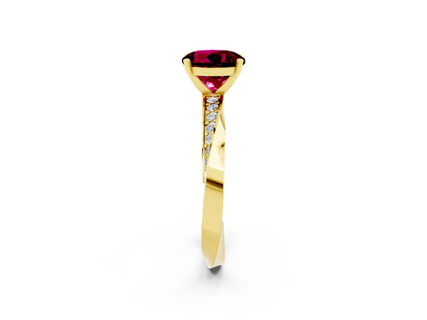 Yellow gold Round Cut Garnet Engagement Ring with Side Stone Accents and Four-Prong Setting