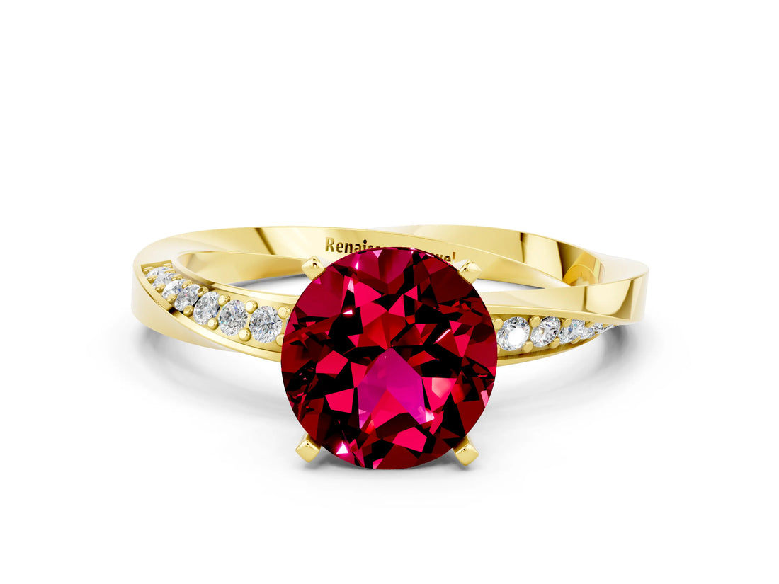 Yellow gold Round Cut Garnet Engagement Ring with Side Stone Accents and Four-Prong Setting_60
