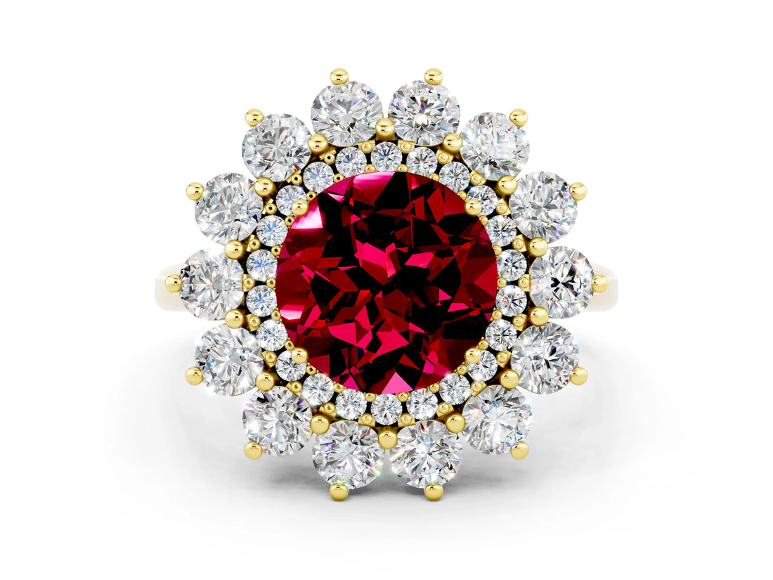 Yellow gold Round Cut Garnet Floral Double Halo Engagement Ring with Prong Setting_60