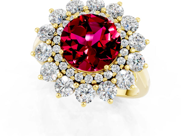 Yellow gold Round Cut Garnet Floral Double Halo Engagement Ring with Prong Setting