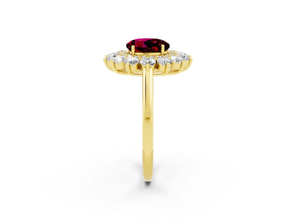 Yellow gold Round Cut Garnet Floral Double Halo Engagement Ring with Prong Setting