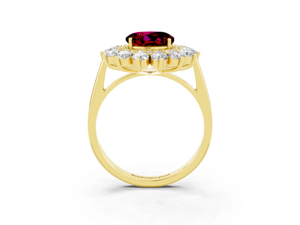 Yellow gold Round Cut Garnet Floral Double Halo Engagement Ring with Prong Setting