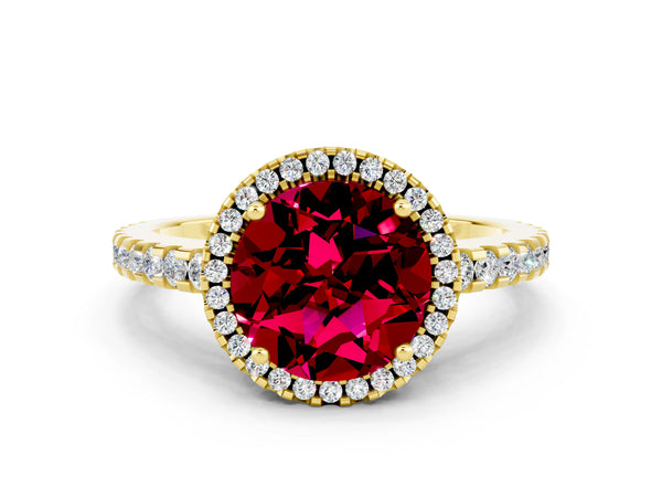 Yellow gold Round Cut Garnet Halo Engagement Ring with Pavé Band and Prong Setting
