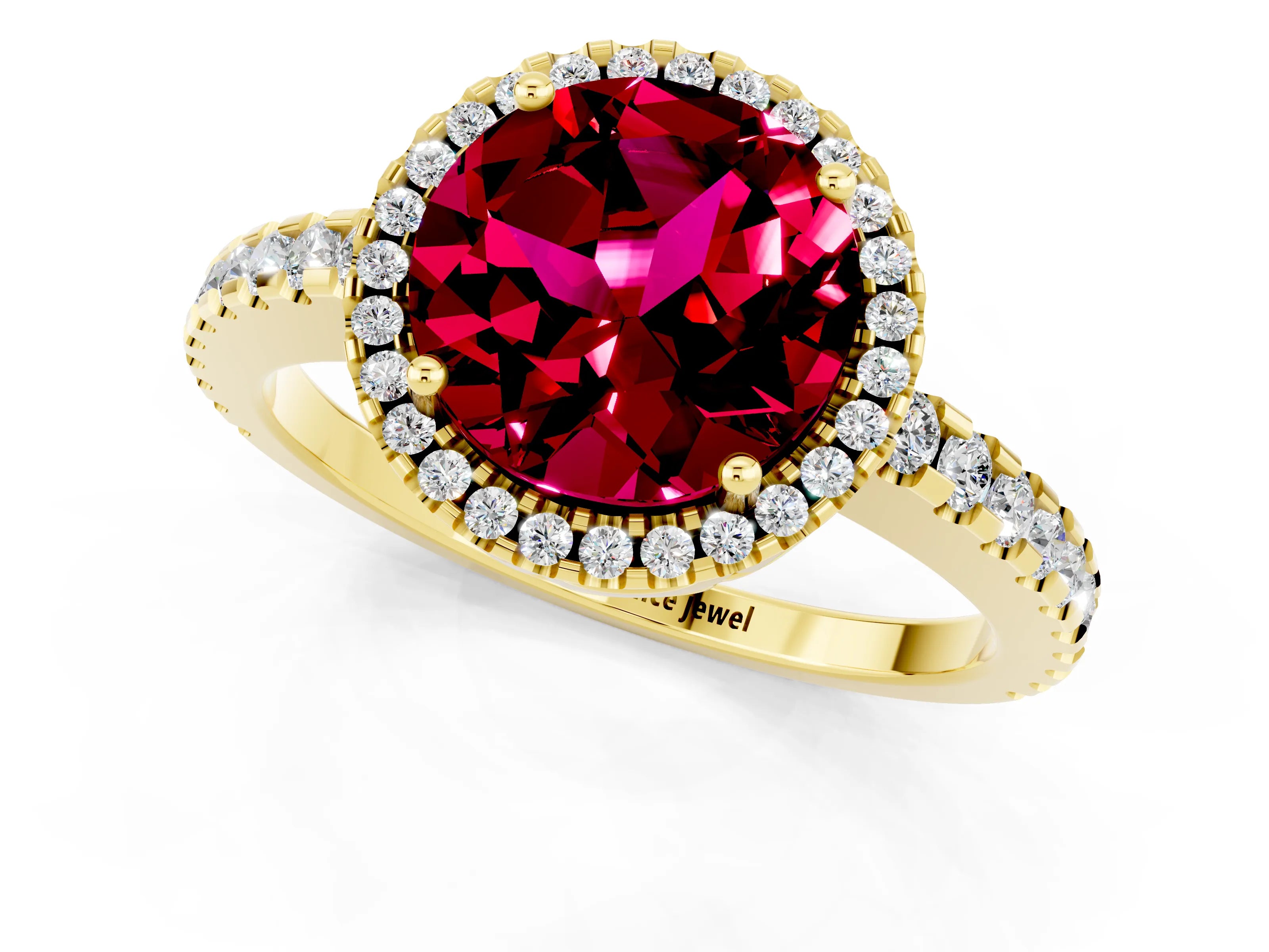 Yellow gold Round Cut Garnet Halo Engagement Ring with Pavé Band and Prong Setting_13