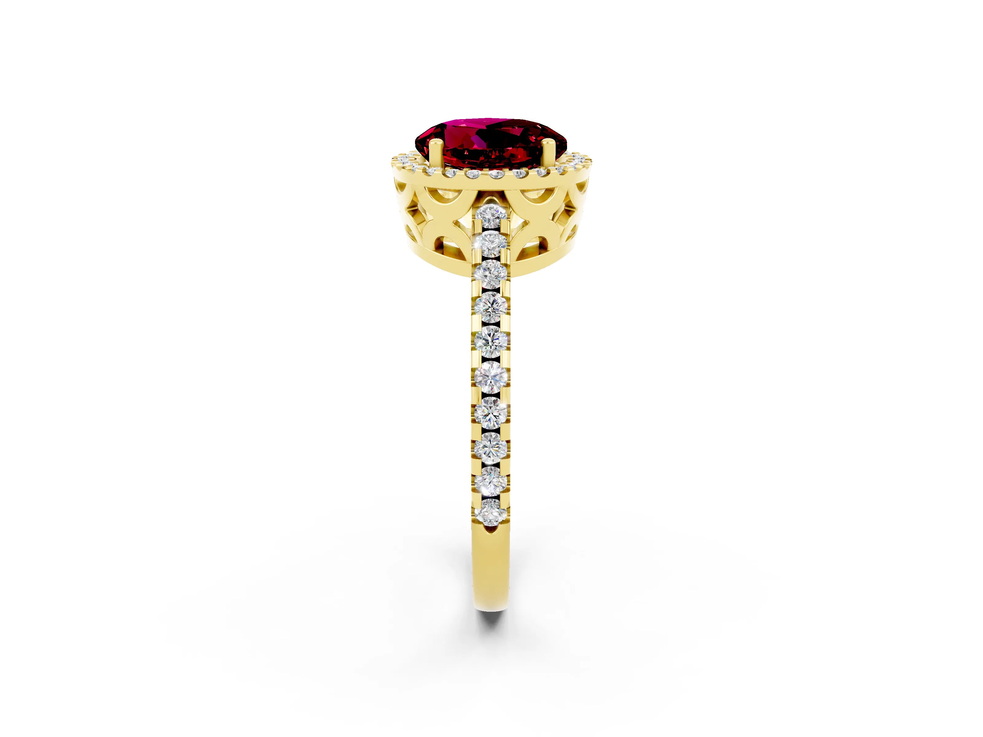 Yellow gold Round Cut Garnet Halo Engagement Ring with Pavé Band and Prong Setting_14