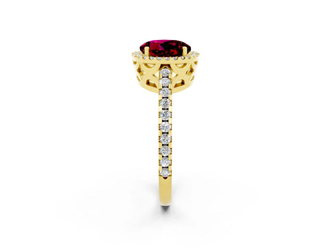 Yellow gold Round Cut Garnet Halo Engagement Ring with Pavé Band and Prong Setting_14