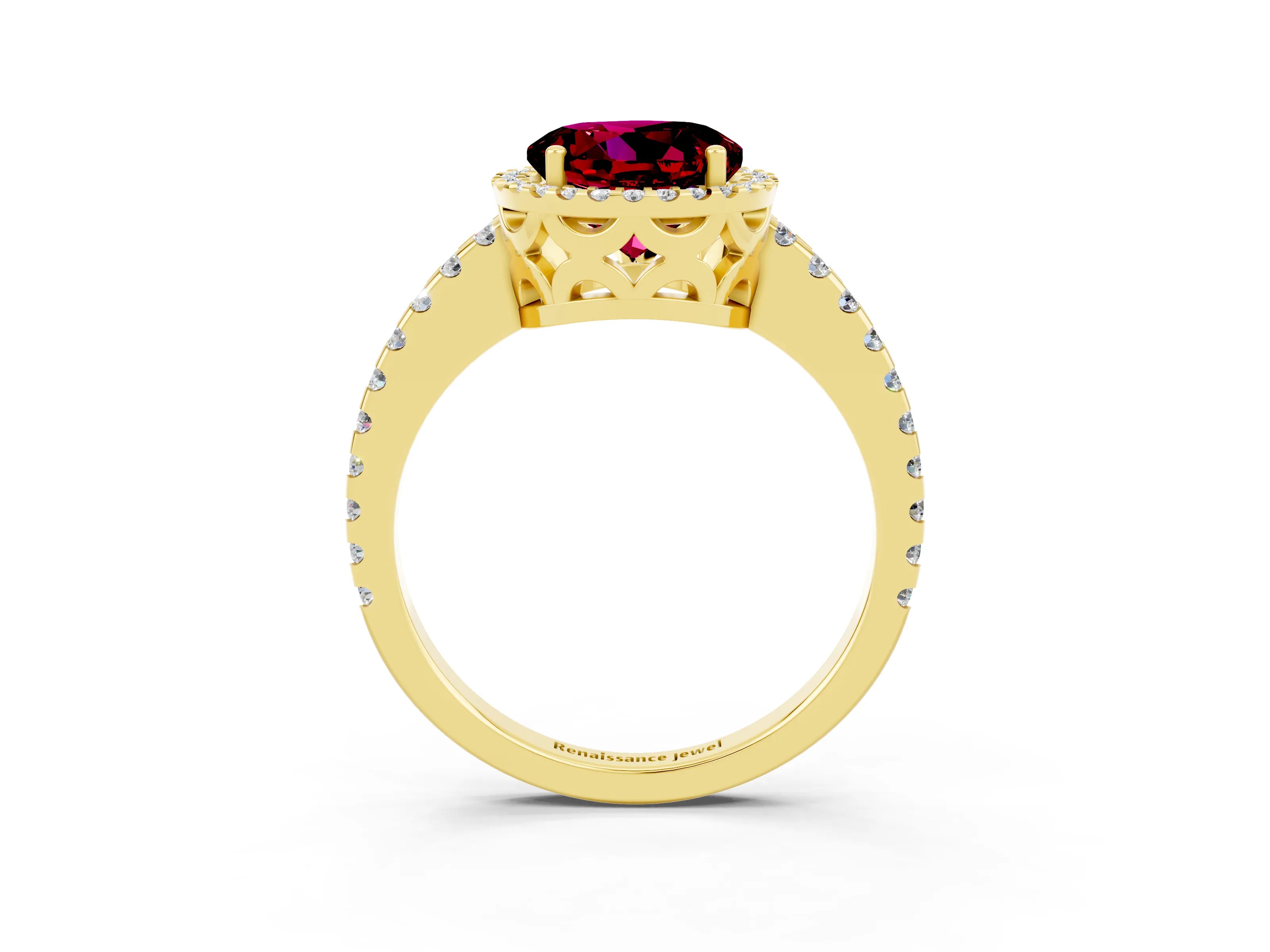 Yellow gold Round Cut Garnet Halo Engagement Ring with Pavé Band and Prong Setting_15