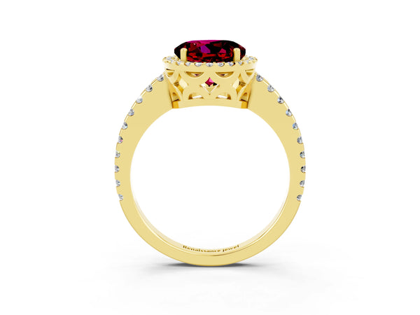 Yellow gold Round Cut Garnet Halo Engagement Ring with Pavé Band and Prong Setting