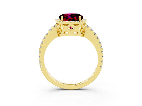 Yellow gold Round Cut Garnet Halo Engagement Ring with Pavé Band and Prong Setting_15
