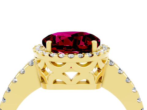 Yellow gold Round Cut Garnet Halo Engagement Ring with Pavé Band and Prong Setting_16