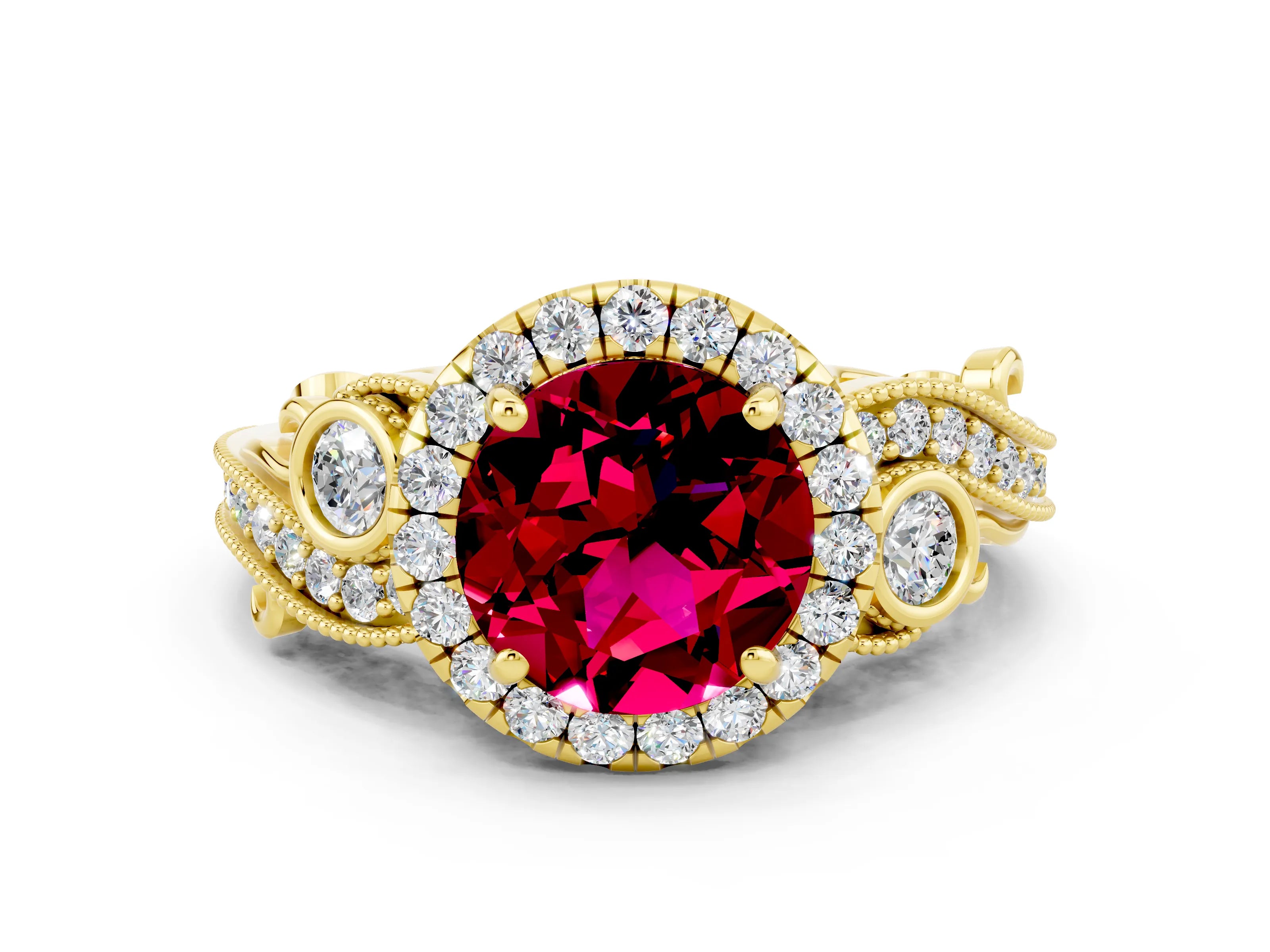 Yellow gold Round Cut Garnet Halo Ring with Milgrain Pavé Band and Four-Prong Setting_12