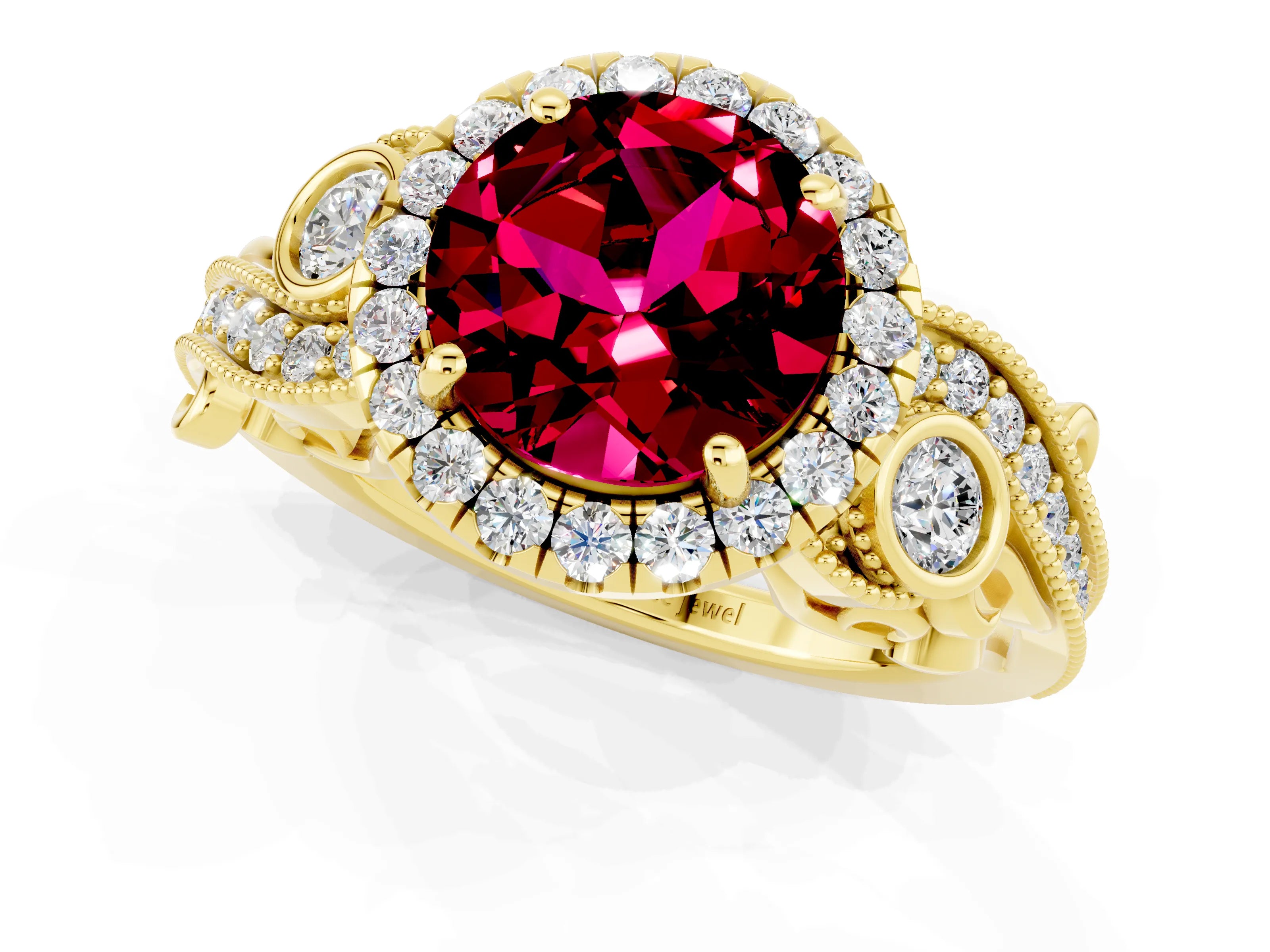 Yellow gold Round Cut Garnet Halo Ring with Milgrain Pavé Band and Four-Prong Setting_13