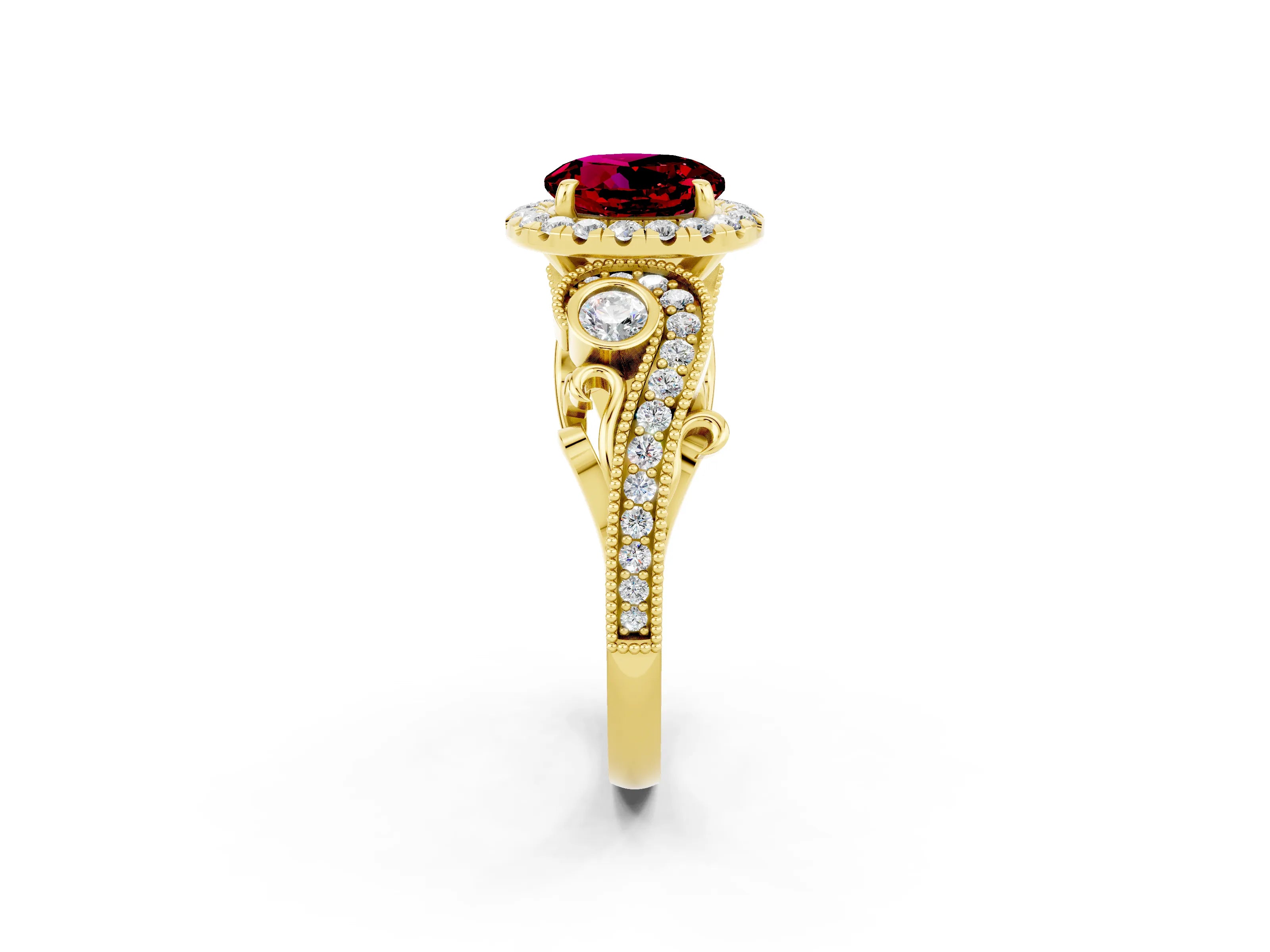 Yellow gold Round Cut Garnet Halo Ring with Milgrain Pavé Band and Four-Prong Setting_14