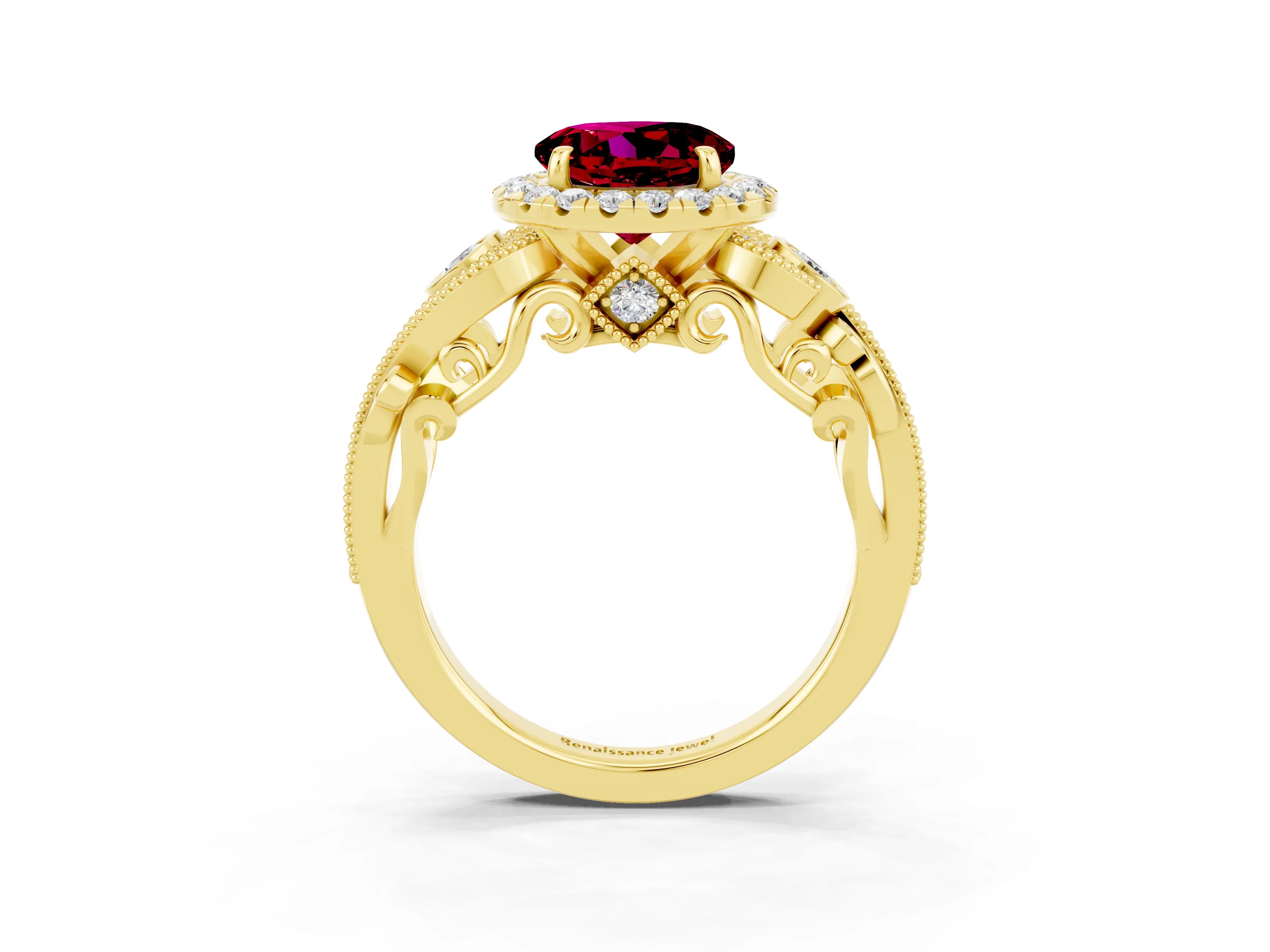 Yellow gold Round Cut Garnet Halo Ring with Milgrain Pavé Band and Four-Prong Setting_15