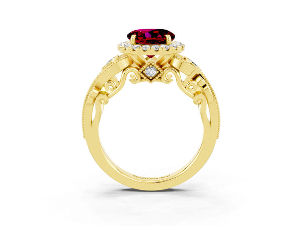 Yellow gold Round Cut Garnet Halo Ring with Milgrain Pavé Band and Four-Prong Setting