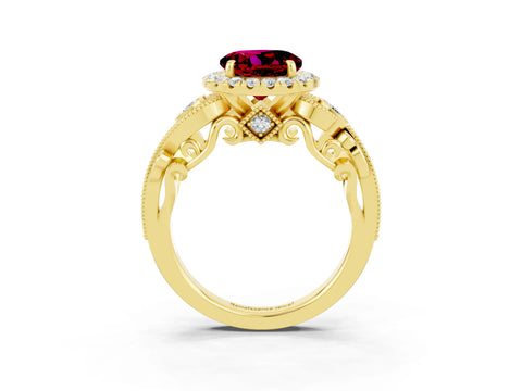 Yellow gold Round Cut Garnet Halo Ring with Milgrain Pavé Band and Four-Prong Setting_15