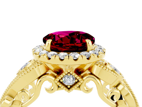 Yellow gold Round Cut Garnet Halo Ring with Milgrain Pavé Band and Four-Prong Setting_16
