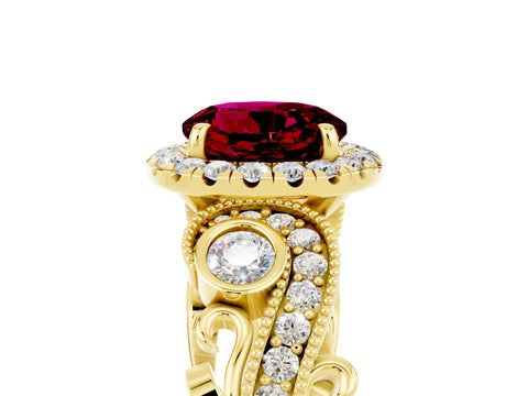 Yellow gold Round Cut Garnet Halo Ring with Milgrain Pavé Band and Four-Prong Setting_17