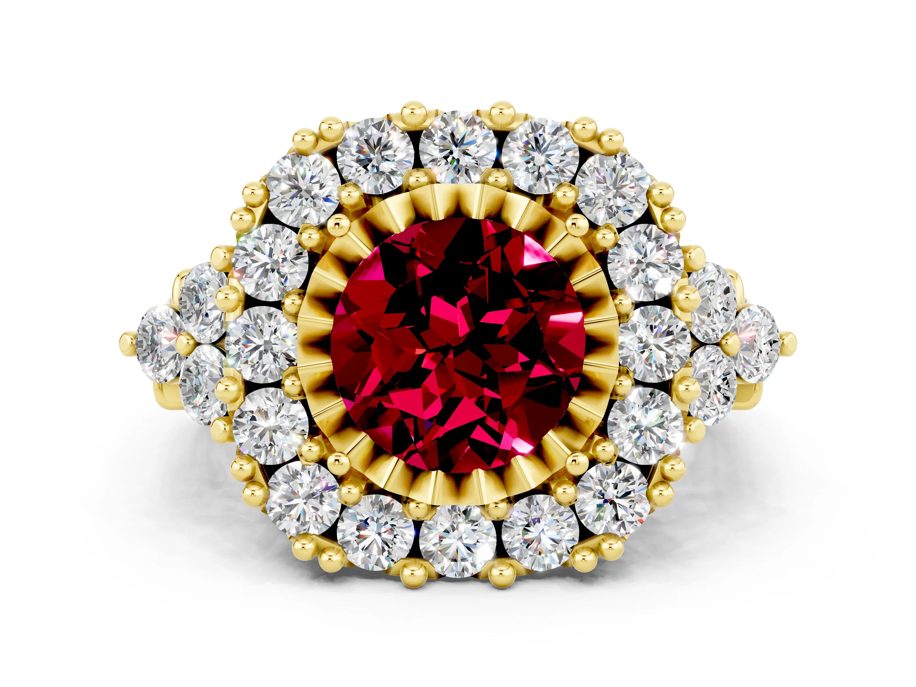 Yellow gold Round Cut Garnet Halo Ring with Pavé Band and Four-Prong Setting_12