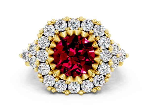 Yellow gold Round Cut Garnet Halo Ring with Pavé Band and Four-Prong Setting
