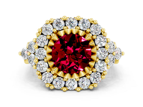 Yellow gold Round Cut Garnet Halo Ring with Pavé Band and Four-Prong Setting_12