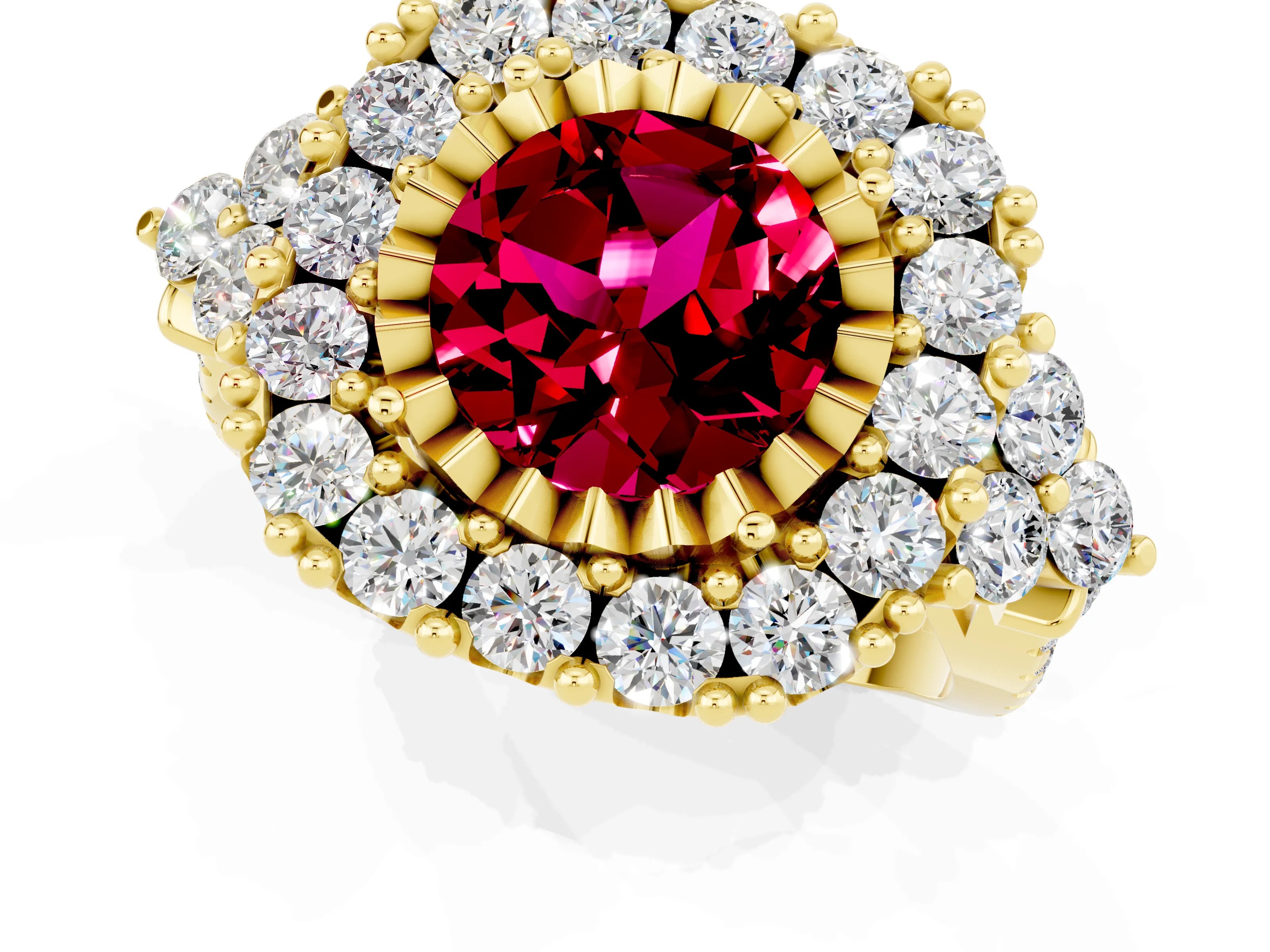 Yellow gold Round Cut Garnet Halo Ring with Pavé Band and Four-Prong Setting_13