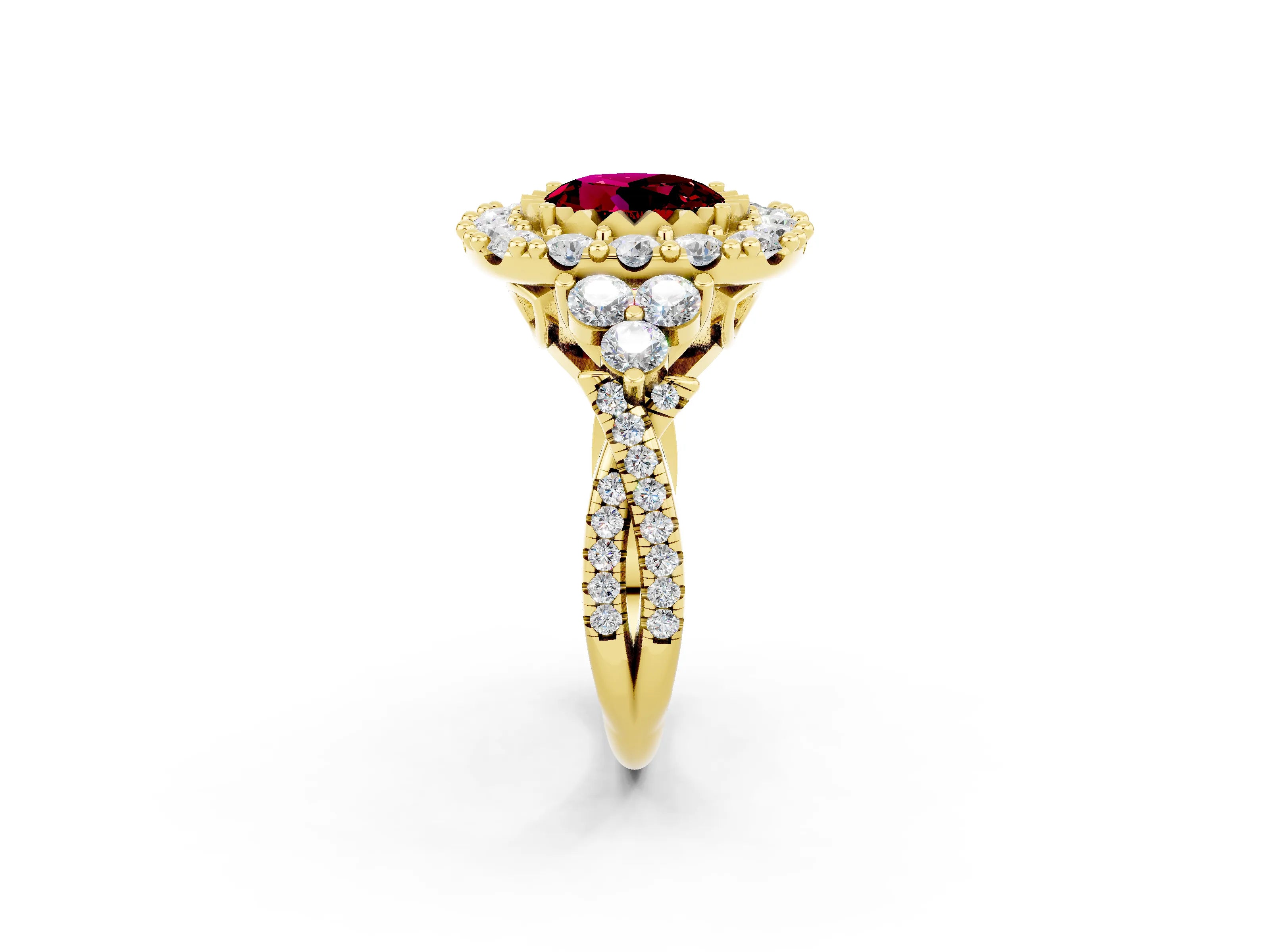 Yellow gold Round Cut Garnet Halo Ring with Pavé Band and Four-Prong Setting_14