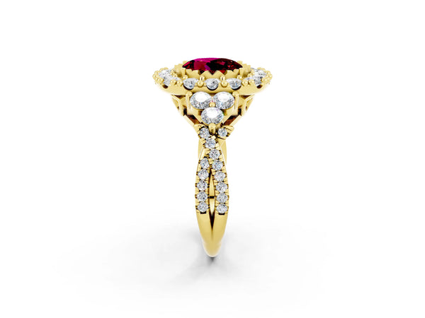 Yellow gold Round Cut Garnet Halo Ring with Pavé Band and Four-Prong Setting