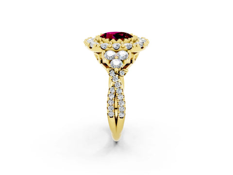Yellow gold Round Cut Garnet Halo Ring with Pavé Band and Four-Prong Setting_14