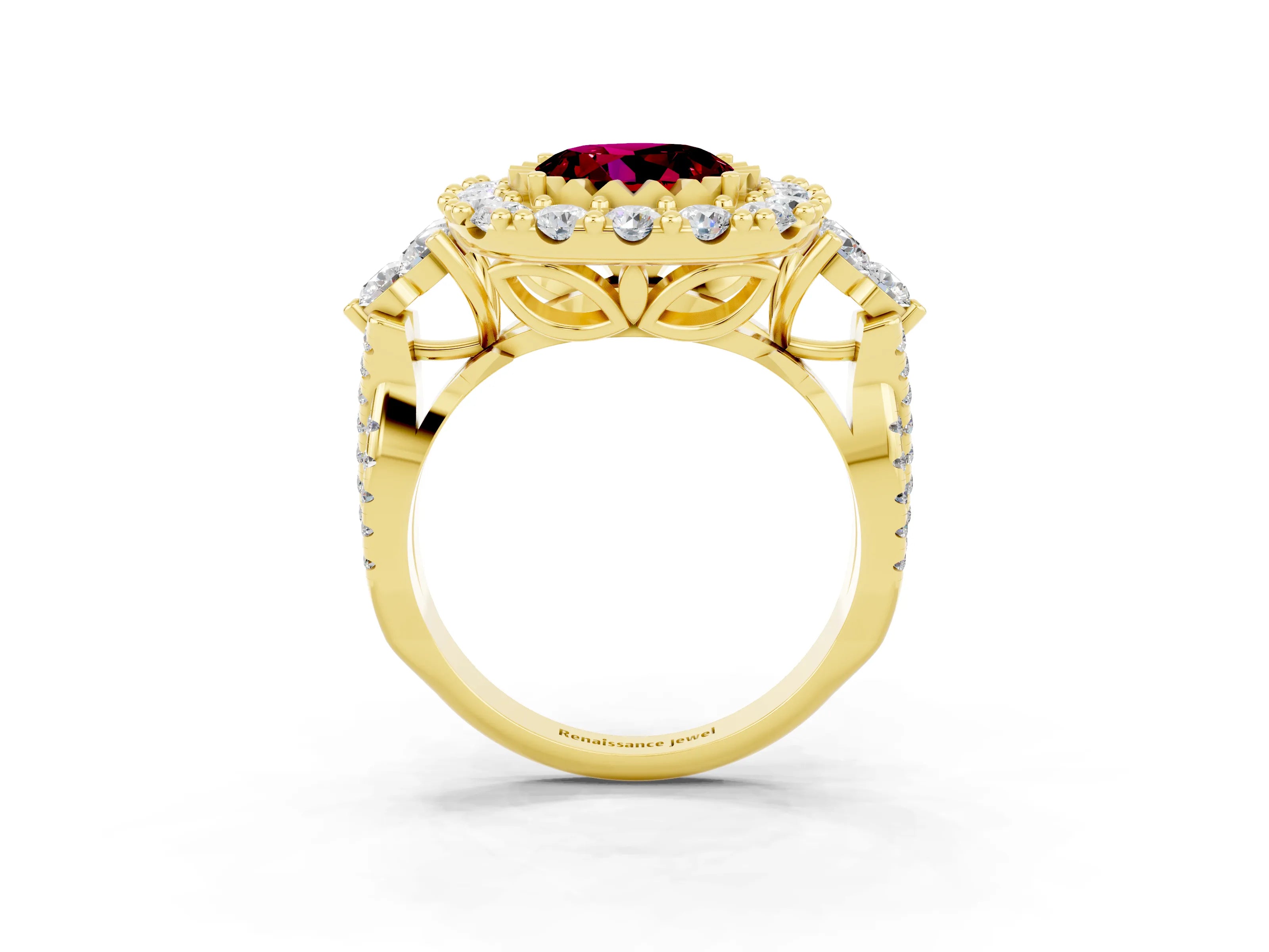 Yellow gold Round Cut Garnet Halo Ring with Pavé Band and Four-Prong Setting_15