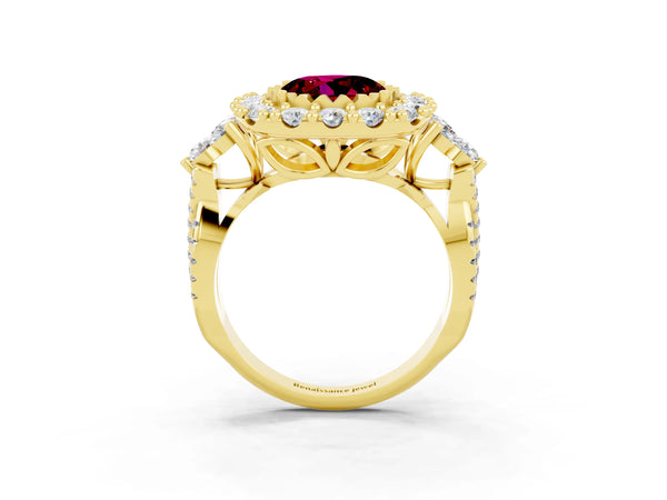 Yellow gold Round Cut Garnet Halo Ring with Pavé Band and Four-Prong Setting